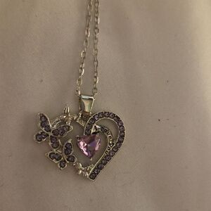 Butterfly Heart Pendant Necklace in Purple and Silver